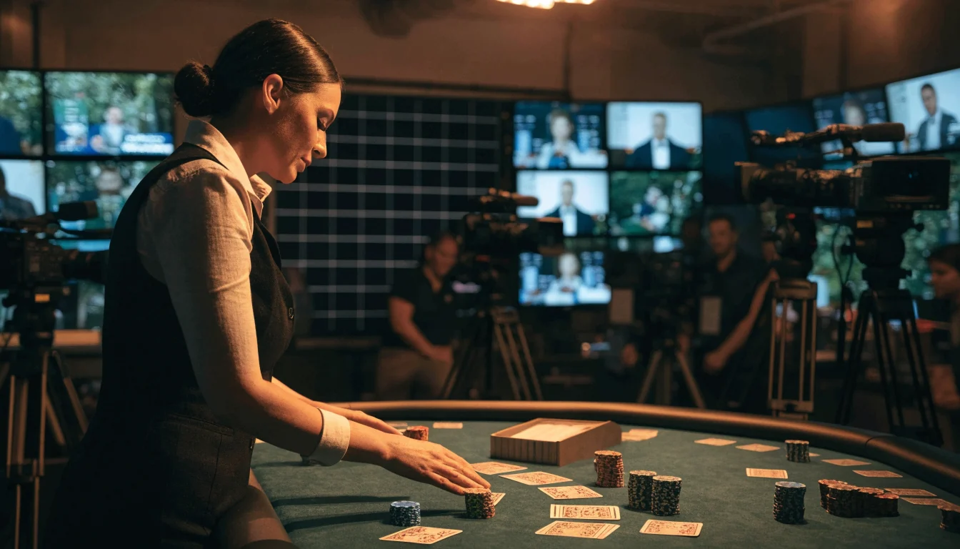 Élő blackjack stúdió magyar osztóval és zöld asztallal