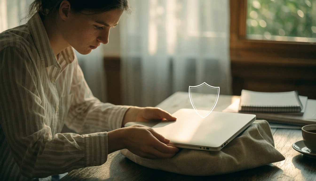 Személyes laptop védelme adatbiztonsági pajzs szimbólummal